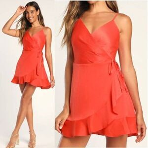 Lulus Satin Wrap Mini Dress Ruffled Hem Red Bodice Cocktail Party